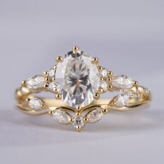 Unique Oval Lab Diamond 14K 18K Solid Gold Promise Ring Set