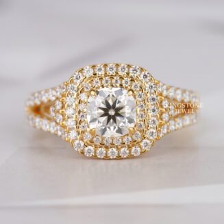 Round Cut Lab Grown Diamond Engagement Ring For Women Double Halo 14K Solid Gold Wedding Ring (TLR26976)